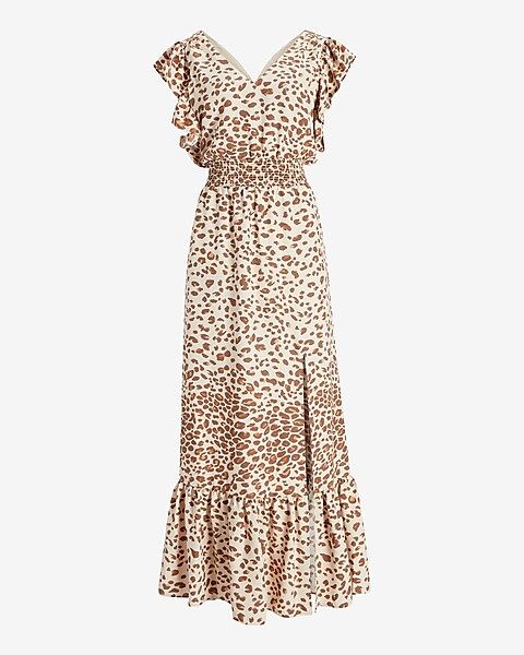 Leopard Ruffle Sleeve Smocked Waist Maxi Dress | Express