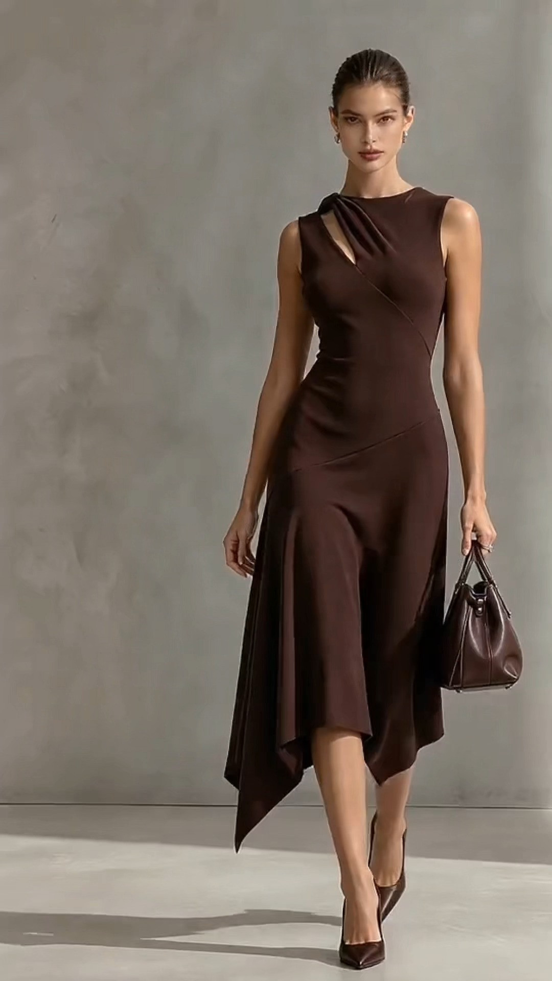 Brown Cutout Asymmetrical Midi Dress Outfit
#BrownDress #MidiDress #CocktailDress #WorkwearStyle #WeddingGuestOutfit 
 

 #LTKootd #LTKOver40 #LTKWorkwear