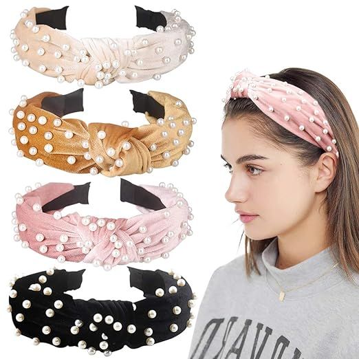Allucho 4 Pack Velvet Wide Headbands Knot Turban Hairband Vintage Head Wrap with Faux Pearl Elast... | Amazon (US)