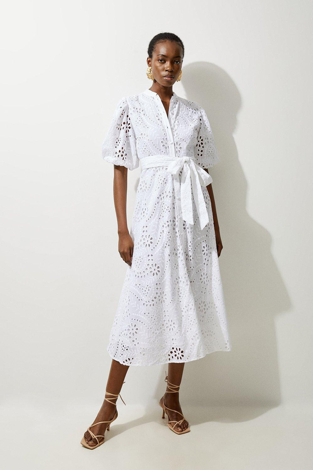 Cotton Broderie Belted Woven Midi Dress | Karen Millen UK + IE + DE + NL