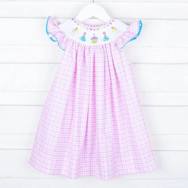 First Birthday Smocked Pink Check Dress | Smocked Auctions