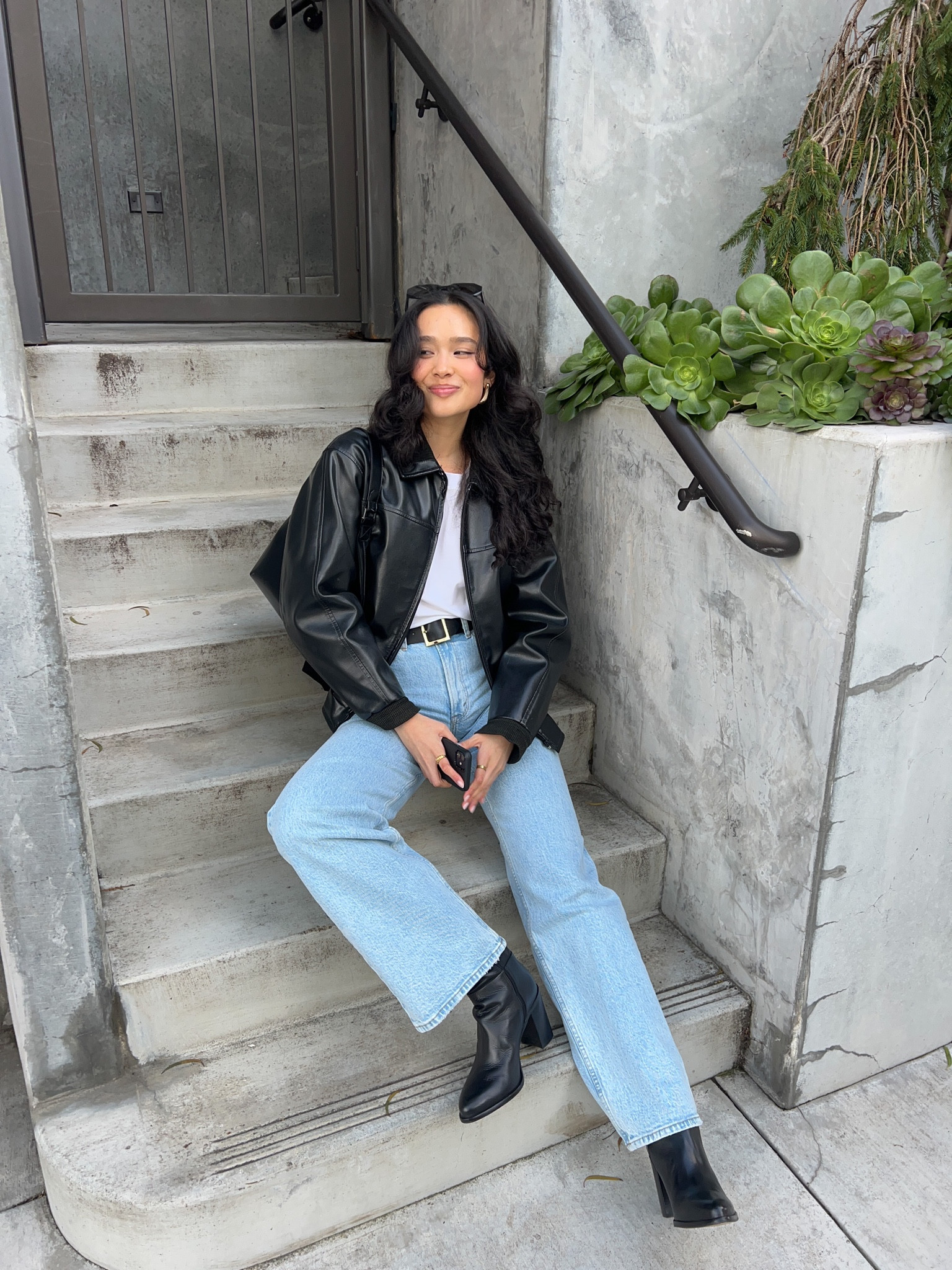90s style casual fall outfit inspo 🍂 classic leather jacket paired with straight leg jean, knee high boots and plain oversized white tee

#LTKshoecrush #LTKSeasonal #LTKstyletip