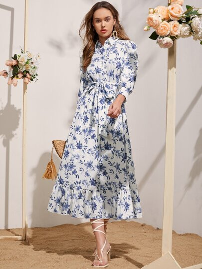 SHEIN Floral Print Belted Ruffle Hem Shirt Dress | SHEIN