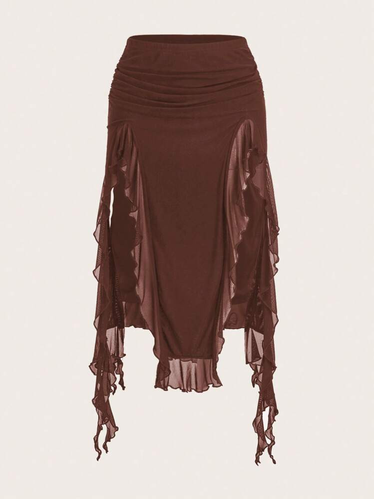 [Store Shopped] SHEIN ICON Summer Fashion Solid Color Ruffle Hem High Slit Skirt Brown Skirt Ruff... | SHEIN