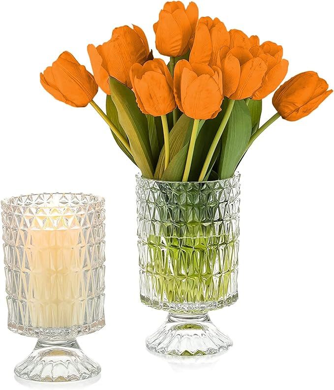 Large Clear Pedestal Vases for Centerpieces, Hewory 7.1in Crystal Glass Ribbed Footed Flower Vase... | Amazon (US)