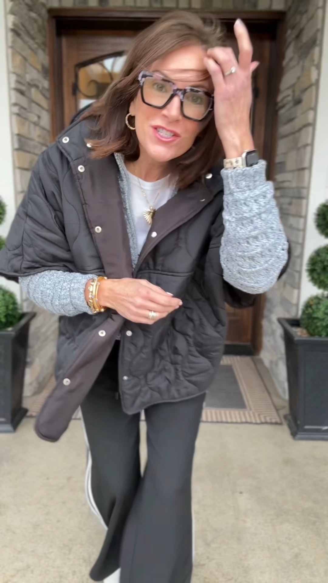 Wore this to a home show and Costco and the compliments flowed! My husband couldn’t believe it🤣 he’s like wow I can’t believe how many people like your outfit! I said well it is cute 🤣 

Sweater - M
Cape - Large
Track pants - M
Progressive reading glasses 

#LTKTall #LTKMidsize #LTKootd