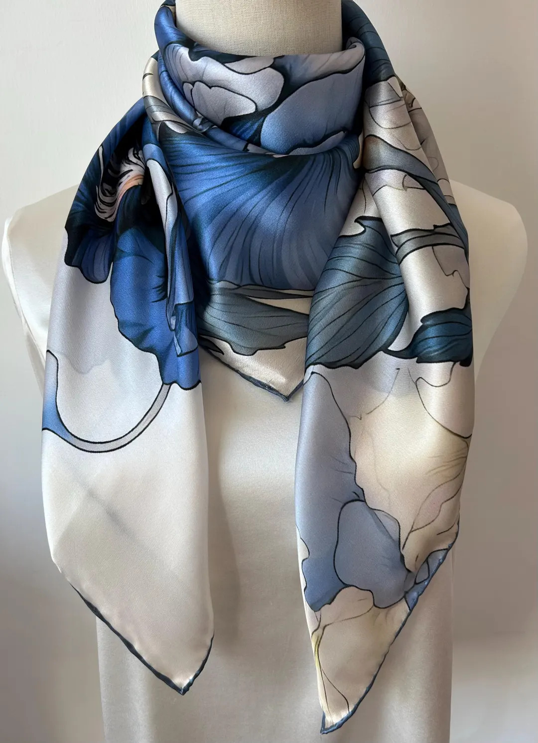 100% Natural Mulberry Silk Scarf 35" X 35" Blue Soft Cream Floral Silk Neck Scarf Light Weight Si... | Etsy (US)