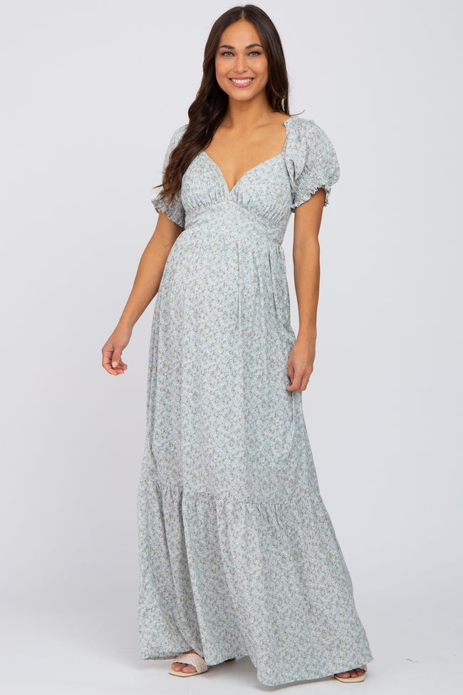 Mint Green Floral V-Neck Puff Sleeve Maternity Maxi Dress | PinkBlush Maternity
