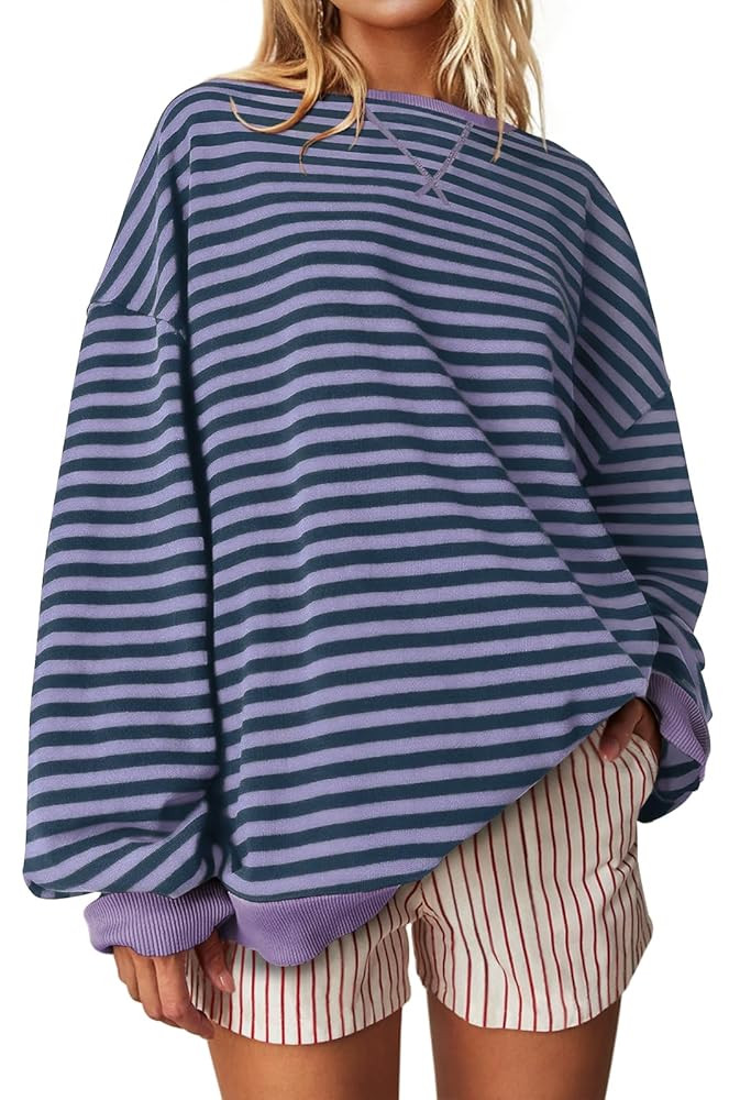 UEU Women Oversized Striped Crewneck Sweatshirt Long Sleeve Color Block Pullover Tops Casual Loos... | Amazon (US)