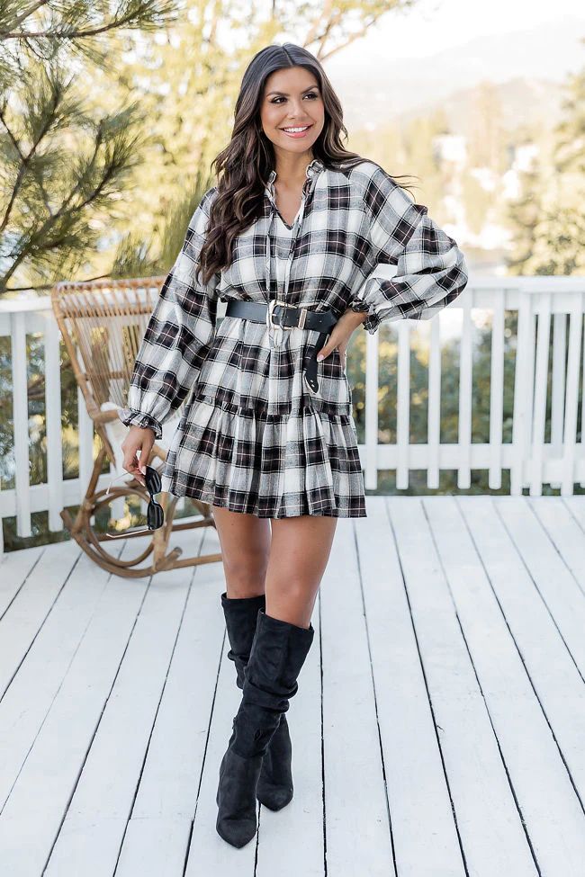 Falling Back To You Brown Plaid Tiered Mini Dress | Pink Lily