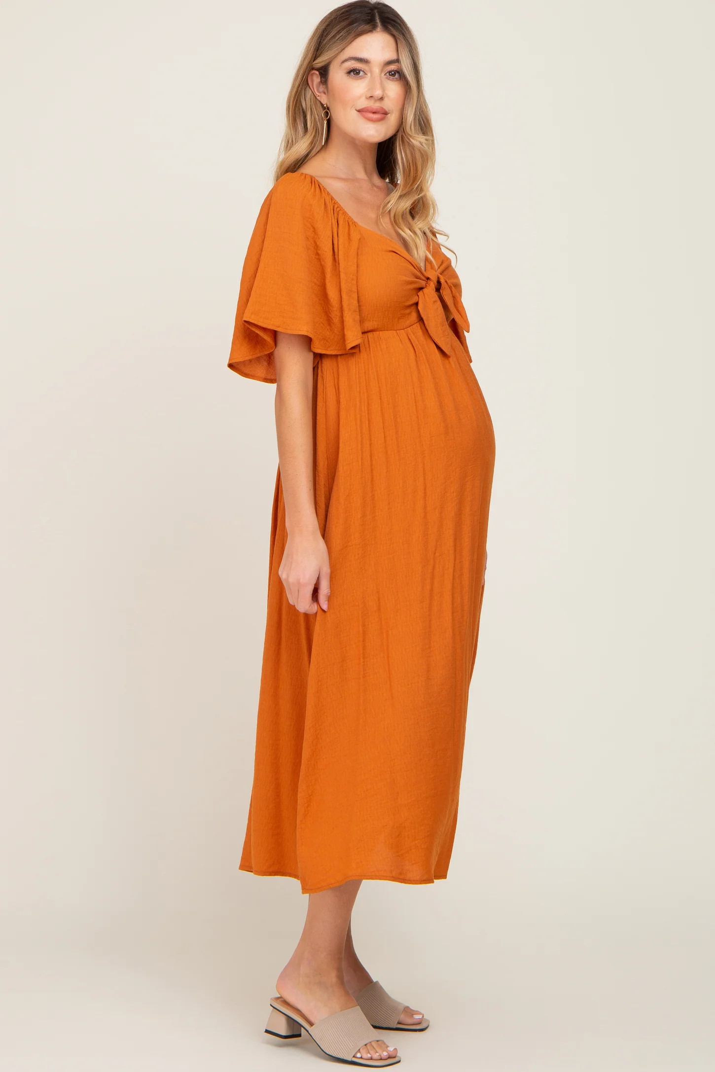 Rust Front Tie Ruffle Sleeve Maternity Midi Dress | PinkBlush Maternity
