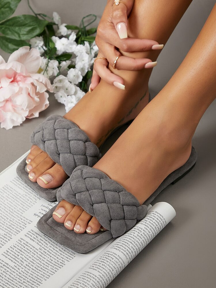 Faux Suede Square Open Toe Basket Weave Flat Sandals | SHEIN