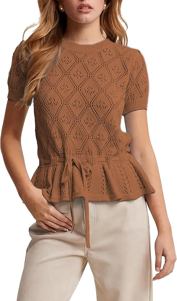 Women's Peplum Top Puff Sleeves Adjustable Tie-Waist Blouse Diamond Pointelle Shirts | Amazon (US)