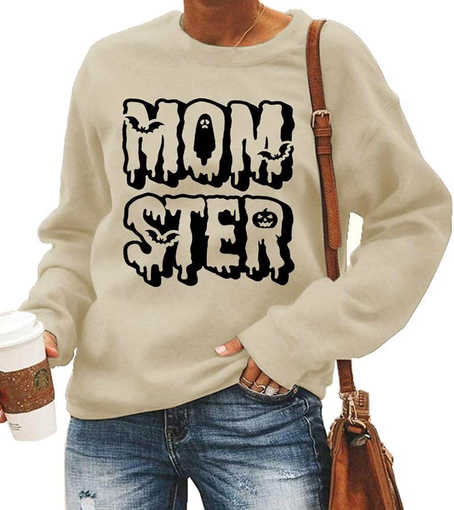 FCHICH Halloween Mom Sweatshirt for Women Funny Momster Letter Print Shirt Long Sleeve Casual Fal... | Amazon (US)