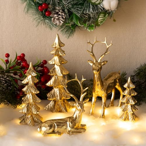 5Pcs Gold Christmas Reindeer Statue Set with Christmas Tree Statues, Tabletop Reindeer Christmas Decor, Gold Deer Figurine for Home Decoration (Gold & Silver) | Amazon (US)