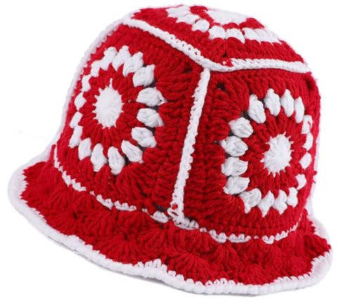 XYIYI Red Women Crochet Bucket Hat Knit Handmade Foldable Beach Hat Cute Hand Woven Fishing Hat | Amazon (US)
