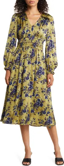 Floral Print Long Sleeve Shirred Midi Dress | Nordstrom