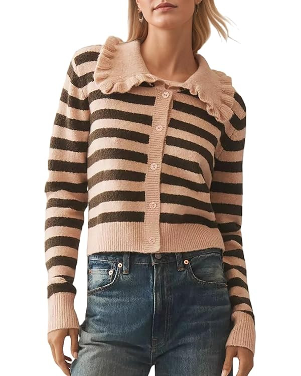 Women's Ruffle Peter Pan Collar Crop Cardigan Stripe Color Block Button Down Open Front Knit Swea... | Amazon (US)