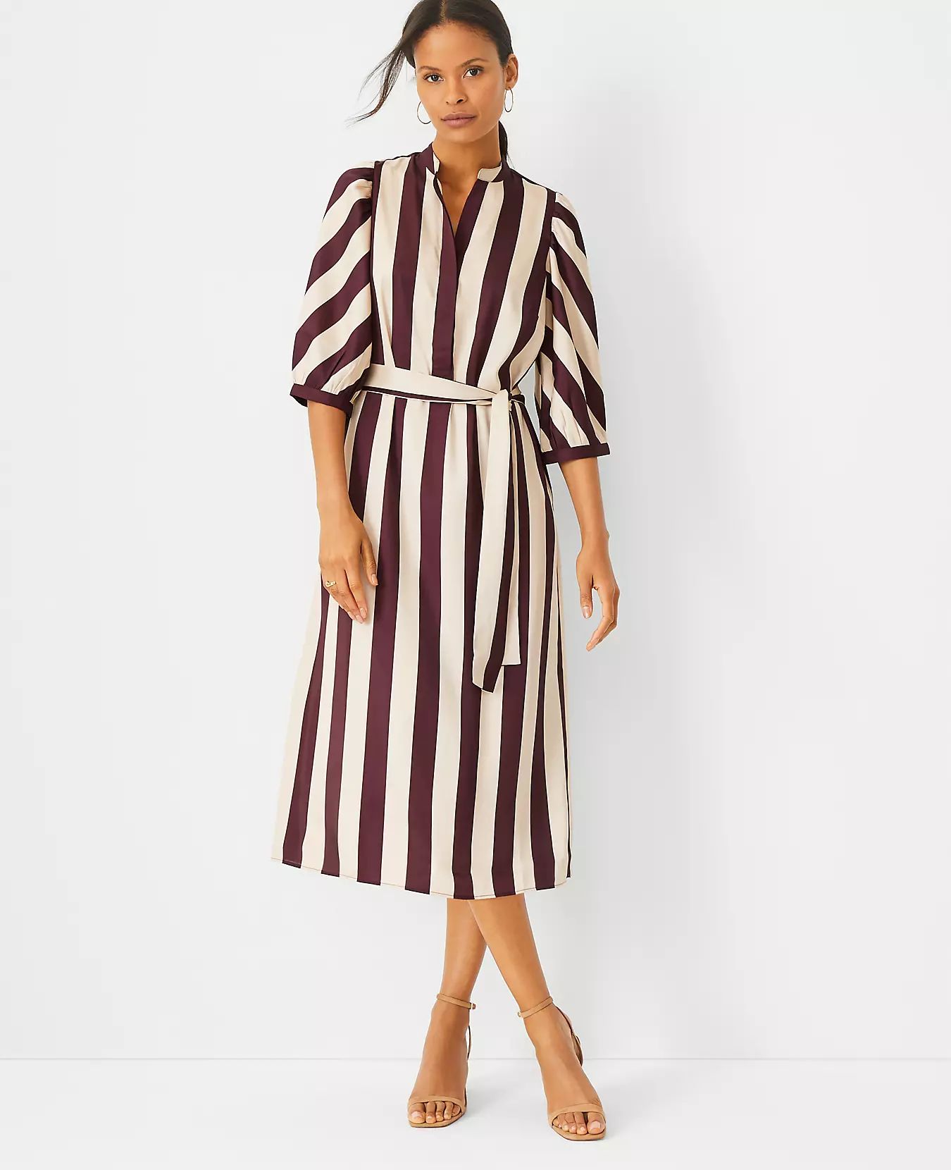 Striped Balloon Sleeve Midi Dress | Ann Taylor (US)