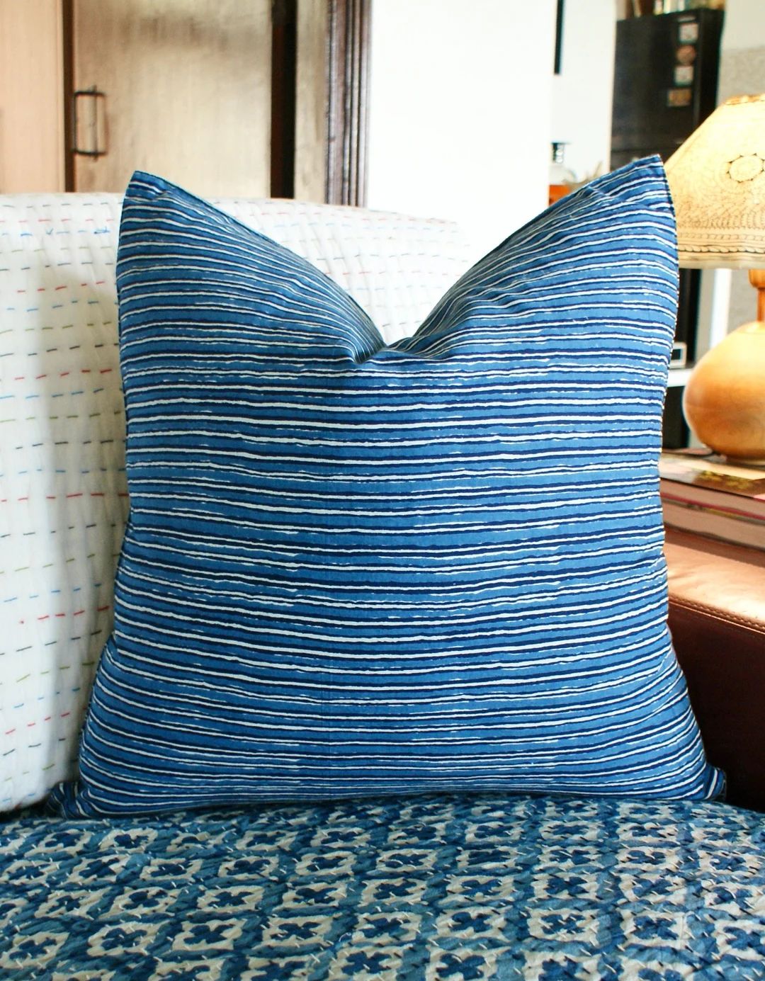 22x22 Indigo Blue Hand Block Print Striped Pillow | Indigo Stripes Pillow | Modern Pillow | Farmh... | Etsy (US)