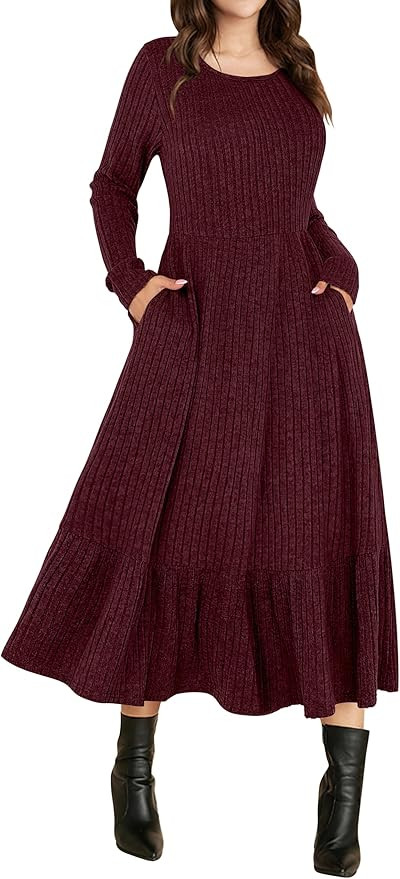 ANRABESS Womens Long Sleeve Midi Dress 2025 Fall Rib Knit Crew Neck A Line Soft Flowy Swing Dress... | Amazon (US)