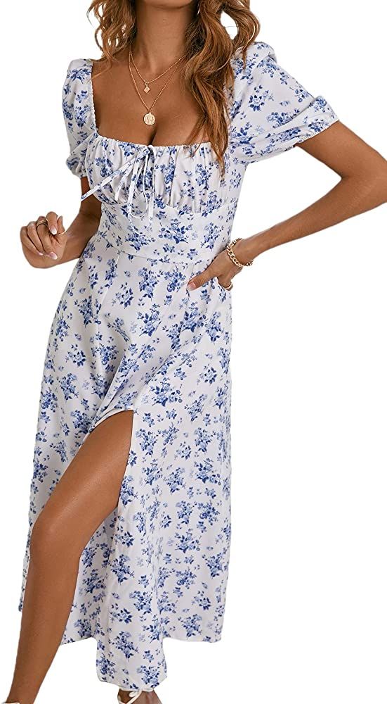 WDIRARA Women's Floral Print Tie Front Square Neck Short Sleeve Split Thigh Dress | Amazon (US)