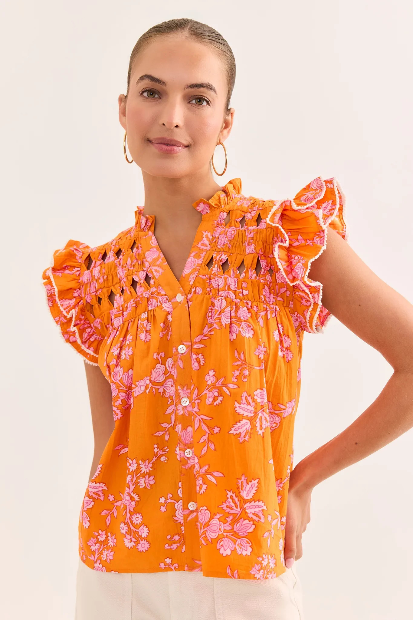 Orange Floral Flutter Sleeve Top by THML | Avara