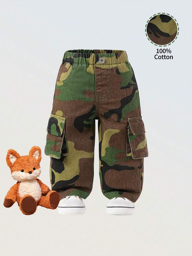 Baby Girls Full Elastic Waist Y2K Street Cool Baby Girl Camouflage Denim Cargo Pants, Pink | SHEIN