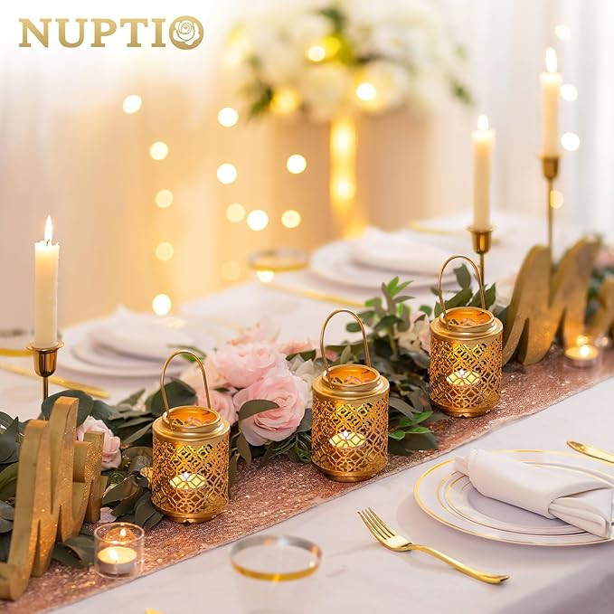 NUPTIO Decorative Candle Lanterns Gold: 2 Pcs Hanging Metal Tea Light Candles Holder 4.1inch Smal... | Amazon (US)