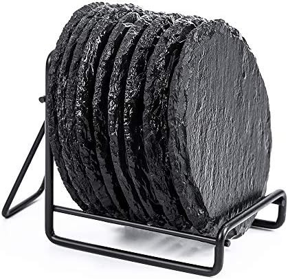 9-Pack Drink Slate Coaster Set with Holder - Handmade Round Slate Stone Coaster for Bar Kitchen H... | Amazon (US)
