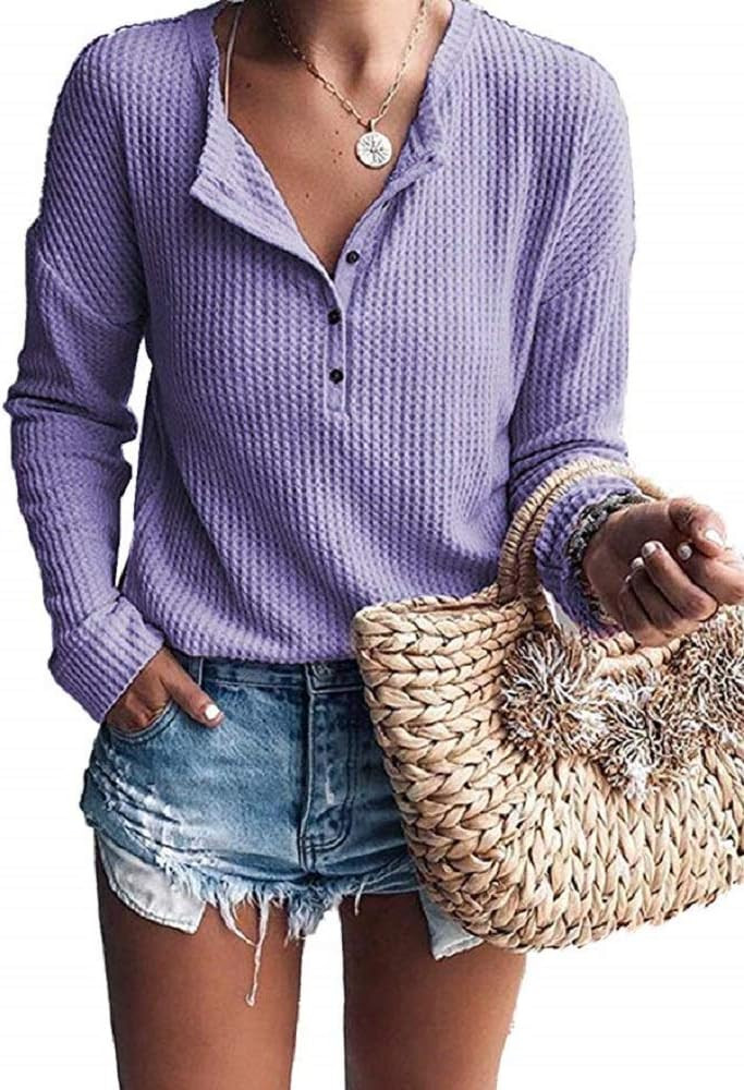 Donnalla Women's V Neck Henley Tops Waffle Knitted Blouse Long Sleeve Shirts Casual Sweatshirts | Amazon (US)
