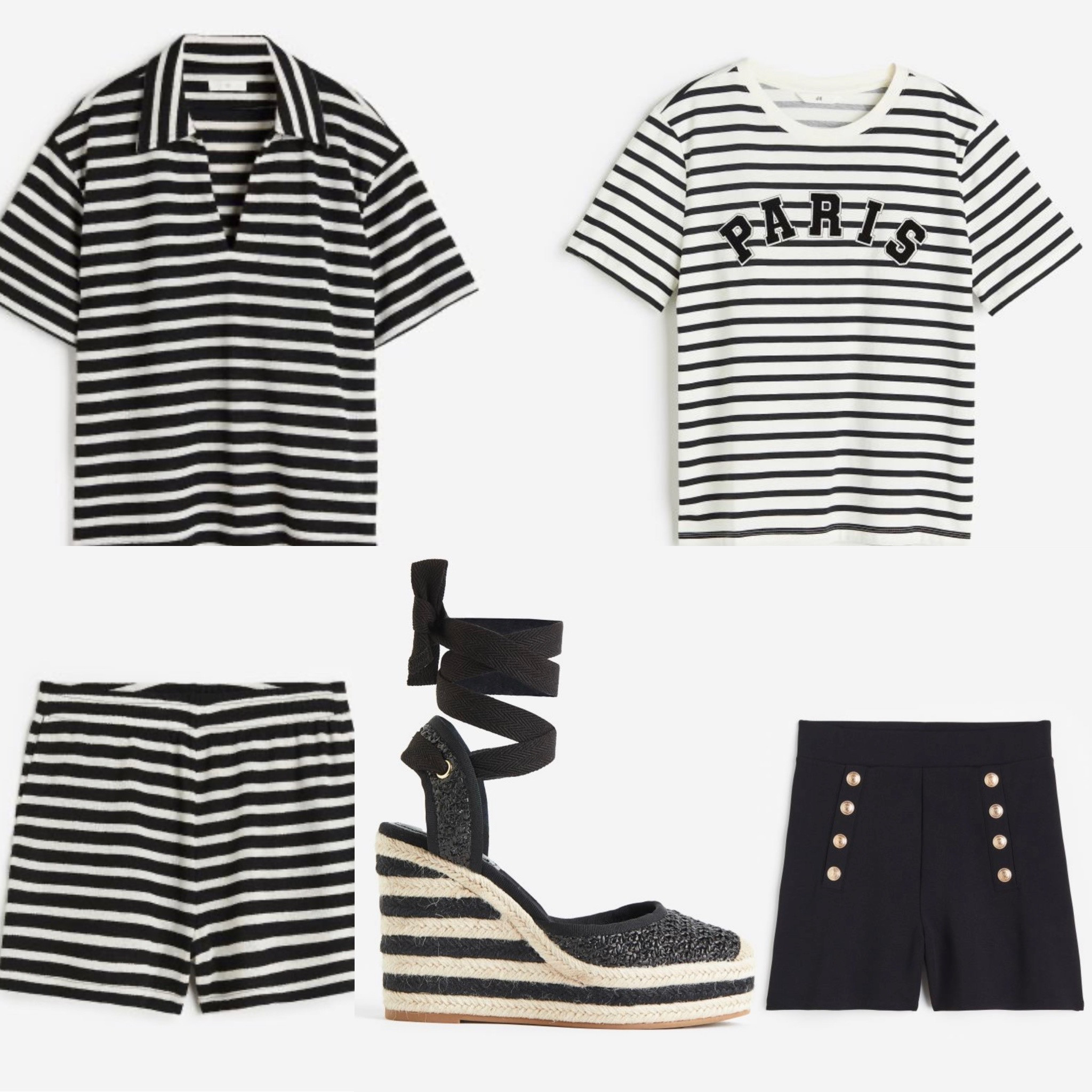 H&M New Arrivals Black and White 20% off 
Striped
Matching set
Shorts
Top
Paris T
Summer
Espadrille wedges
Black shorts gold buttons
Chic


#LTKsalealert #LTKshoecrush #LTKunder50