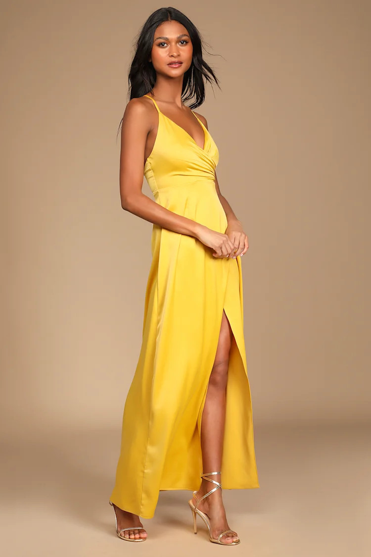Outstanding Elegance Mustard Yellow Satin Surplice Maxi Dress | Lulus (US)
