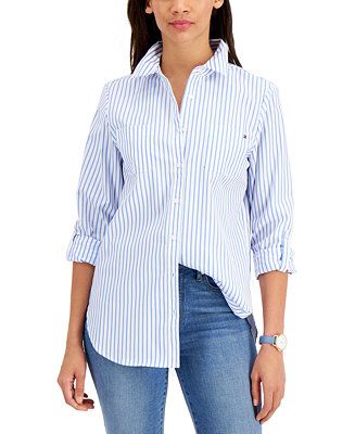 Tommy Hilfiger Striped Pleat-Back Cotton Shirt, Created for Macy's & Reviews - Tops - Women - Mac... | Macys (US)