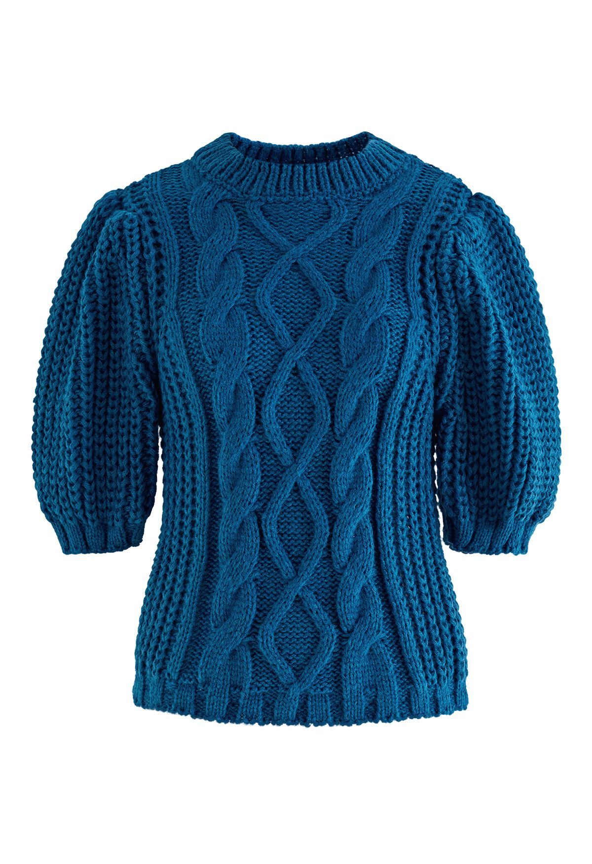 Bubble Sleeve Braided Ribbed Sweater in Indigo | Chicwish