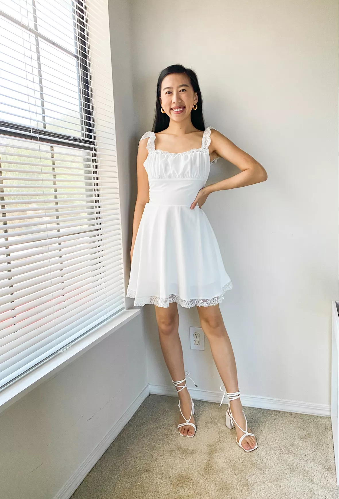 amazon graduation dresses Women's White Casual Long Puff Sleeve Sweetheart Neckline Chiffon Aline Short Mini Dress at Women's Clothing store turquoiseandtulips on LTK