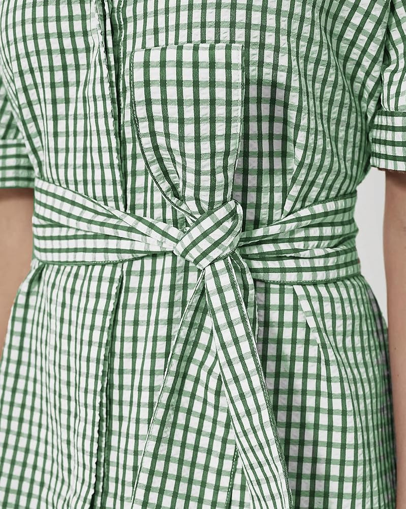 Women's Half Sleeve Plaid Midi Dress Collar V Neck Belted Casual Button Down Long Loose Dress | Amazon (US)