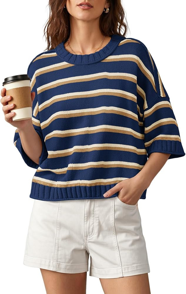 Nirovien Womens Short Sleeve Striped Sweater Crewneck Knitted Fall Sweaters | Amazon (US)