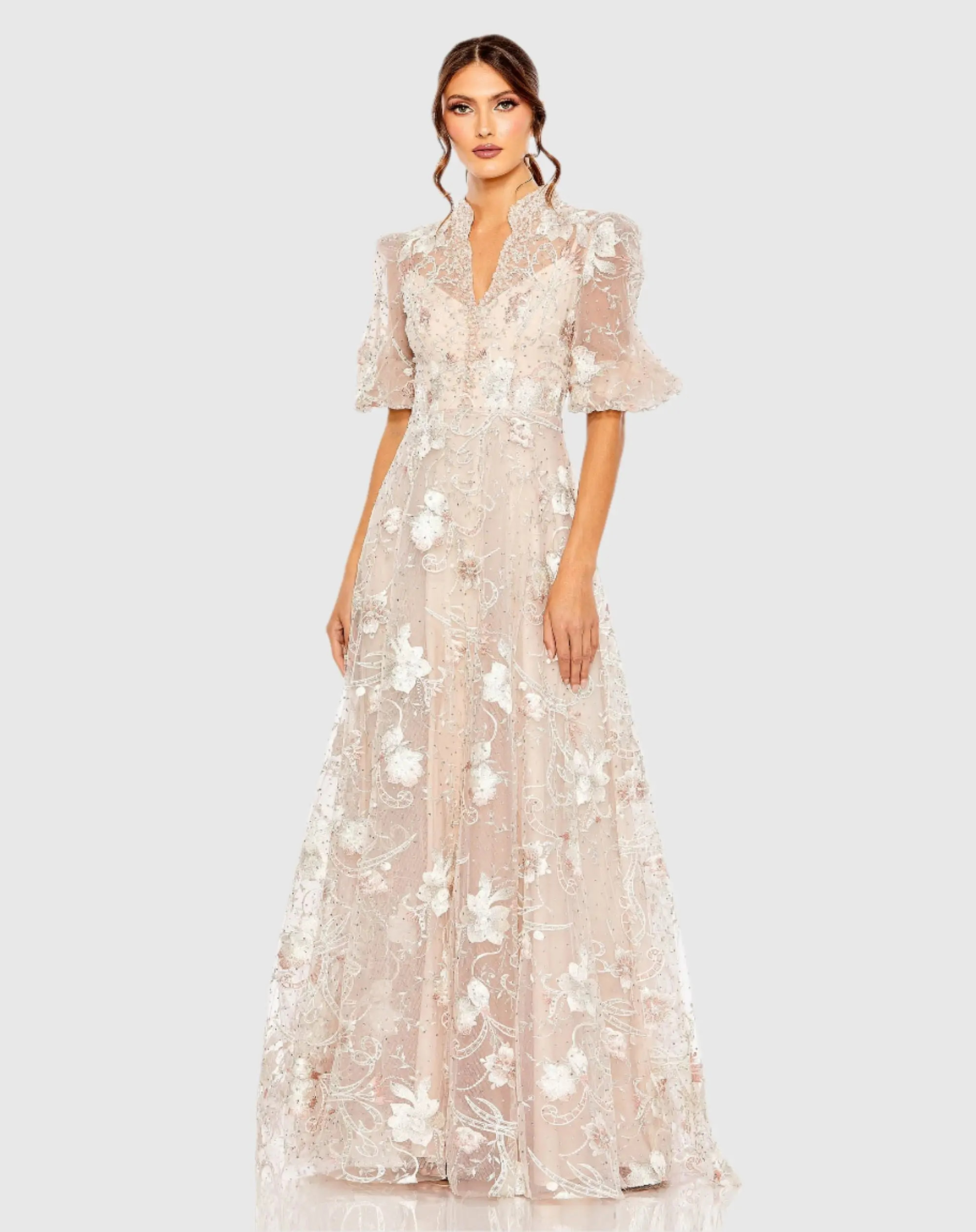 Pink Queen Anne Puff Sleeve A-Line Gown | Mac Duggal