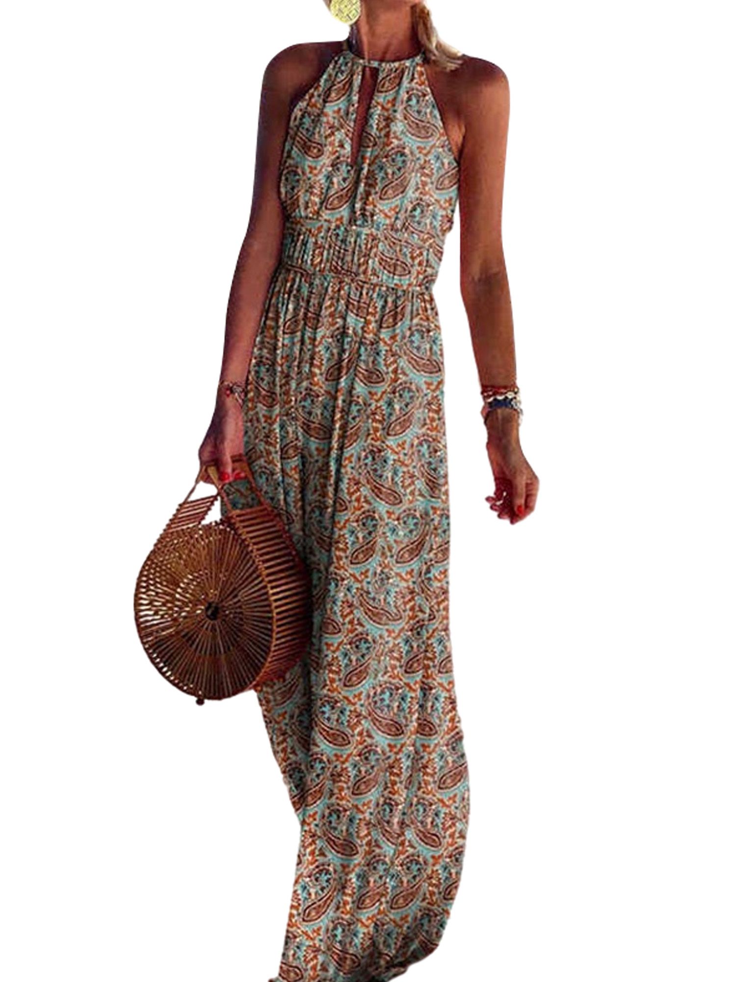 Lumento Women Sleeveless Boho Maxi Dresses Floral Print Casual Halter Tunic Maxi Long Dresses Sum... | Walmart (US)