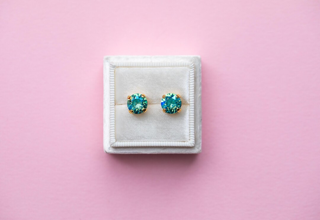 Lt Turquoise Shimmer Earrings -8mm- Choose Crystal Color and Setting Color - Etsy Dominican Repub... | Etsy (US)
