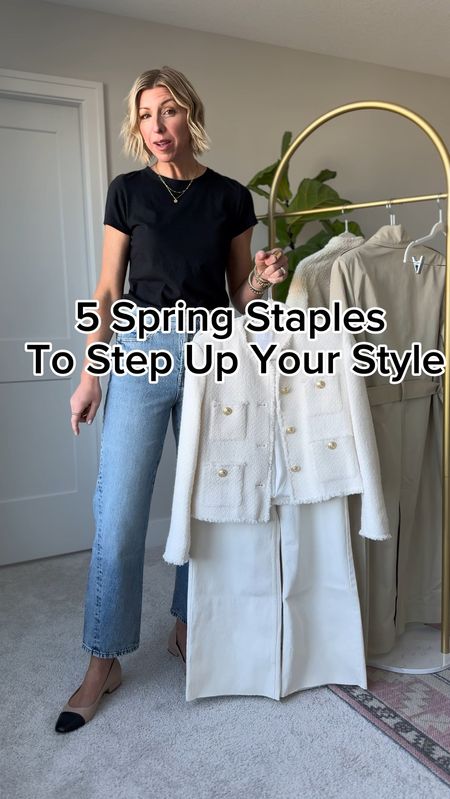 Spring staples: wide leg white jeans, straight leg blue denim , tweed lady jacket, trench coat, 

#LTKover40 #LTKworkwear #LTKVideo