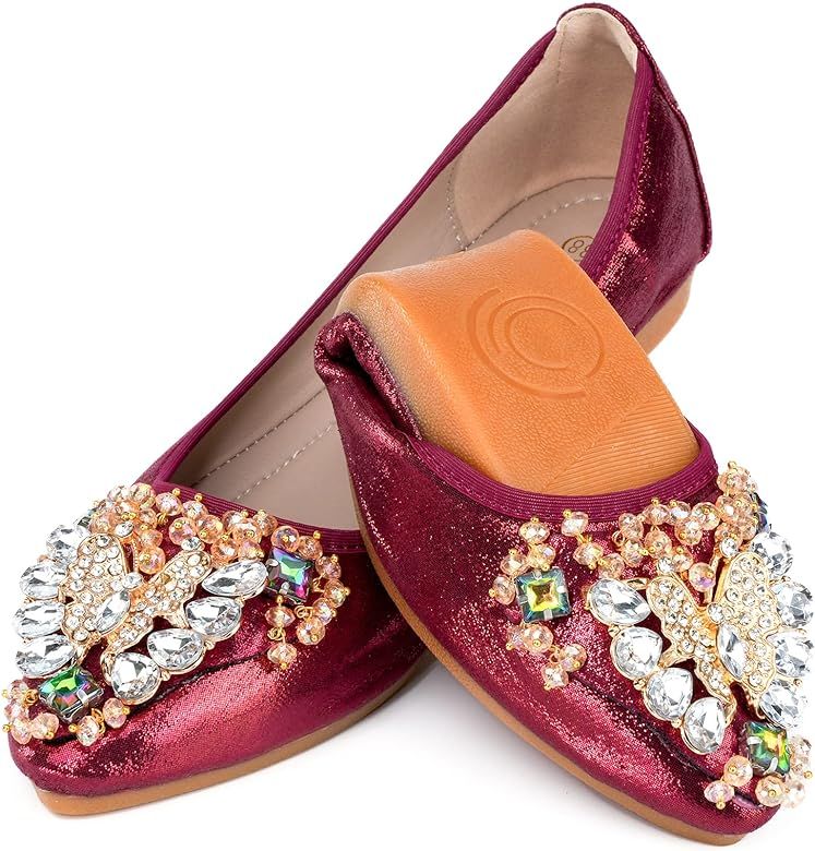 Women's Ballet Flat Shoes - Cute Rhinestones Bow Wedding Flats Slip on Flats for Women Comfortabl... | Amazon (US)
