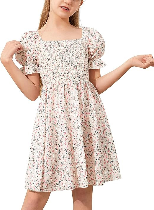 Goranbon Girls' Summer Floral Dress Kids Puff Sleeve Square Neck Smocked Flowy Sun Dresses | Amazon (US)