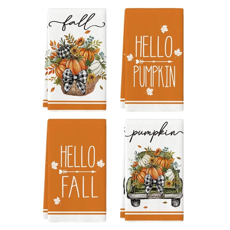 Sm:)e Hello Fall Pumpkin Truck Fall Dish Towels Set of 4, 18x26 Inch Fall Farmhouse Kitchen Decor... | Walmart (US)