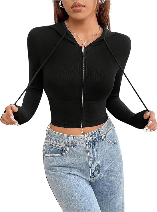 Women's Zip Up Drawstring Cropped Hoodie Long Sleeve Slim Fit Sweatshirt Workout Pullover Tops | Amazon (US)