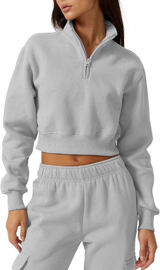QINSEN Womens Half Zip Crop Sweatshirt High Neck Long Sleeve Pullover Cropped Top | Amazon (US)