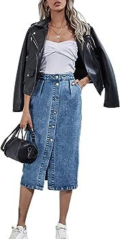 NIGHTMISS Womens High Waisted Washed Button Front Denim Long Skirt Midi Length A Line Denim Jean ... | Amazon (US)