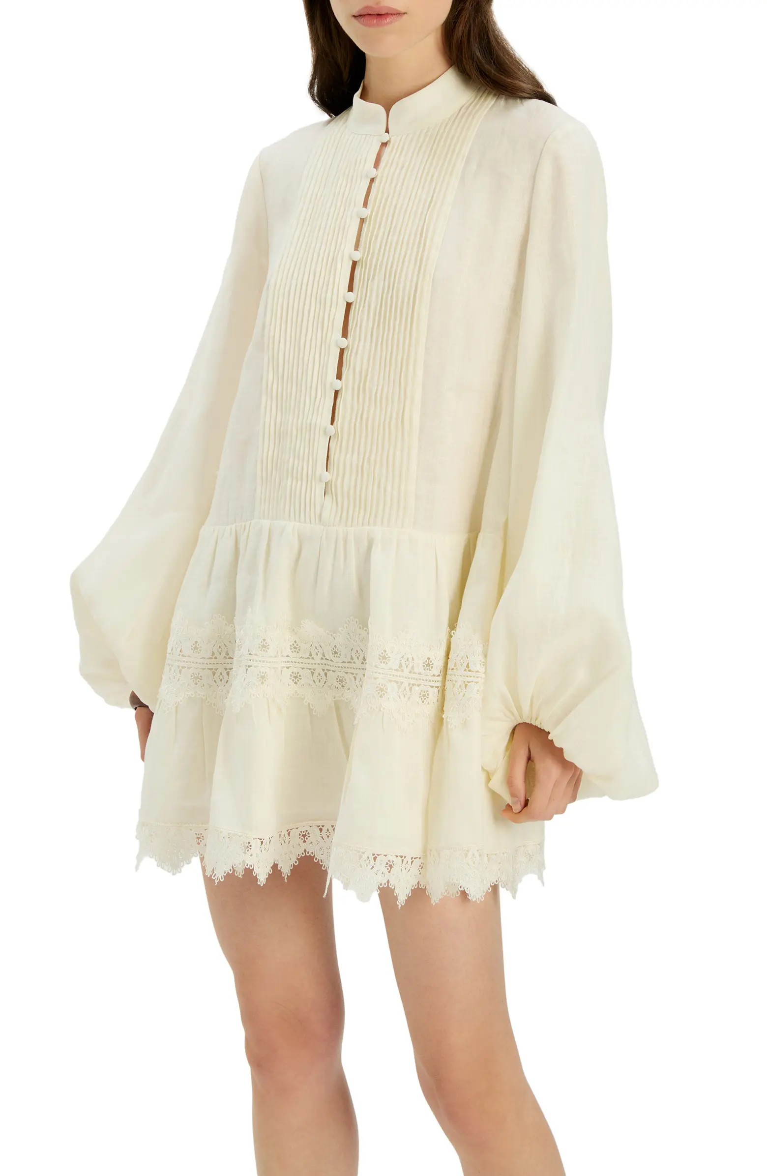 Antonia Lace Trim Long Sleeve Linen Minidress | Nordstrom