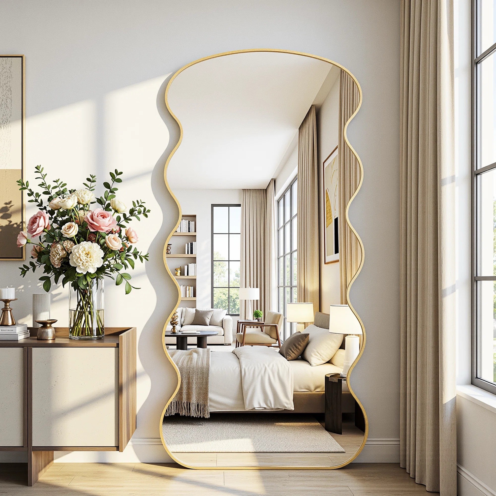 This wavy shaped mirror is artistic and whimsical. The Arched Metal Oversized Full-Length Mirror is ON SALE and under $200.

Keywords: Gold mirror, full length mirror, wavy mirror, vintage mirror, oversized mirror

#LTKSeasonal #LTKSaleAlert #LTKHome